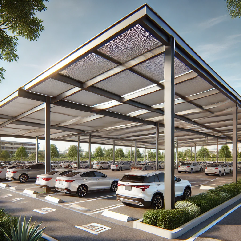 DALL·E 2024-11-12 10.29.55 - A modern car parking shade structure in an outdoor parking lot. The shade structure features durable, weather-resistant fabric or metal panels support